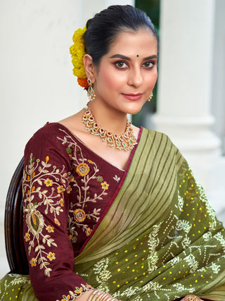 NOZ2TOZ Women's Chiffon Olive Embellished Designer Saree With Blouse Piece - Distacart