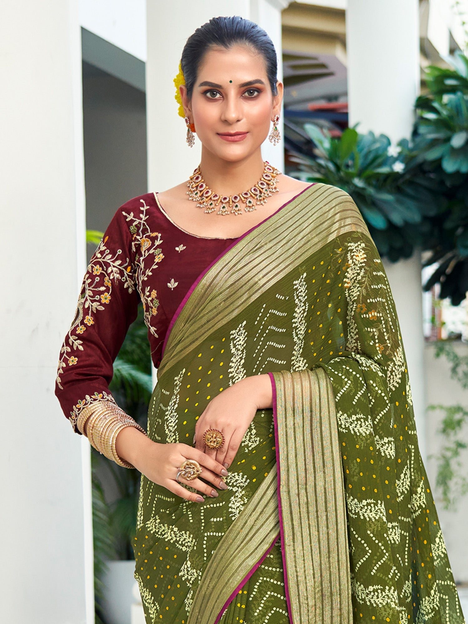 NOZ2TOZ Women's Chiffon Olive Embellished Designer Saree With Blouse Piece - Distacart