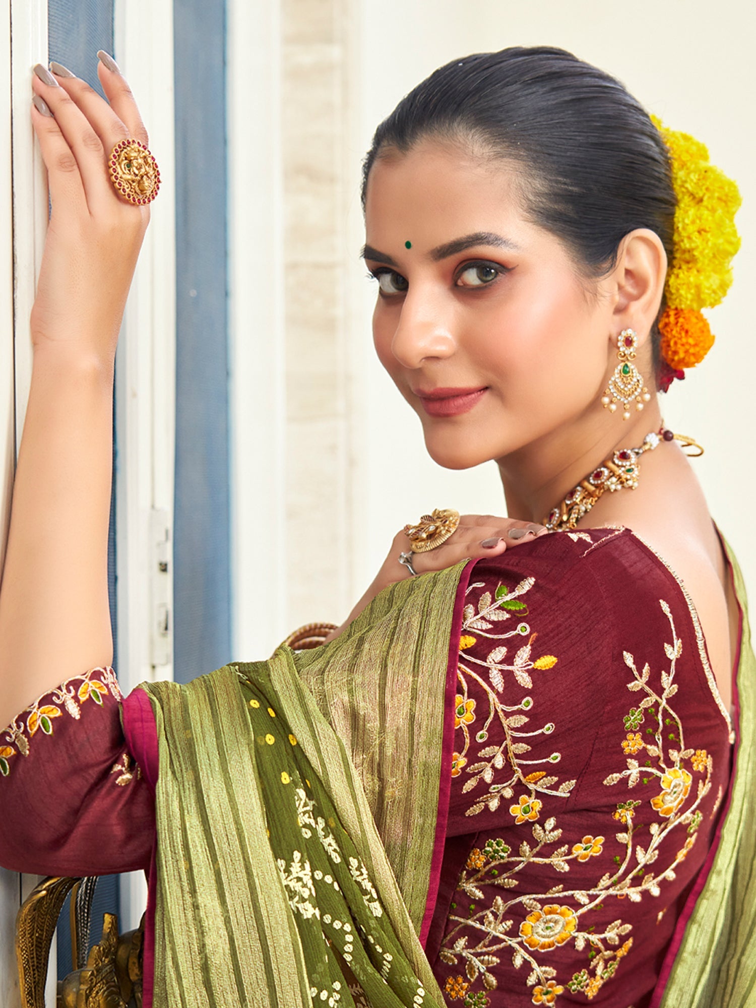 NOZ2TOZ Women's Chiffon Olive Embellished Designer Saree With Blouse Piece - Distacart