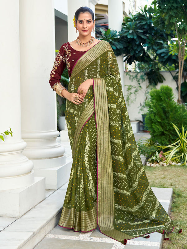 NOZ2TOZ Women's Chiffon Olive Embellished Designer Saree With Blouse Piece - Distacart