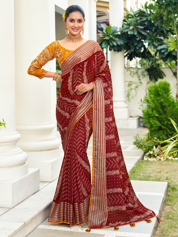 NOZ2TOZ Women's Chiffon Maroon Embellished Designer Saree With Blouse Piece - Distacart