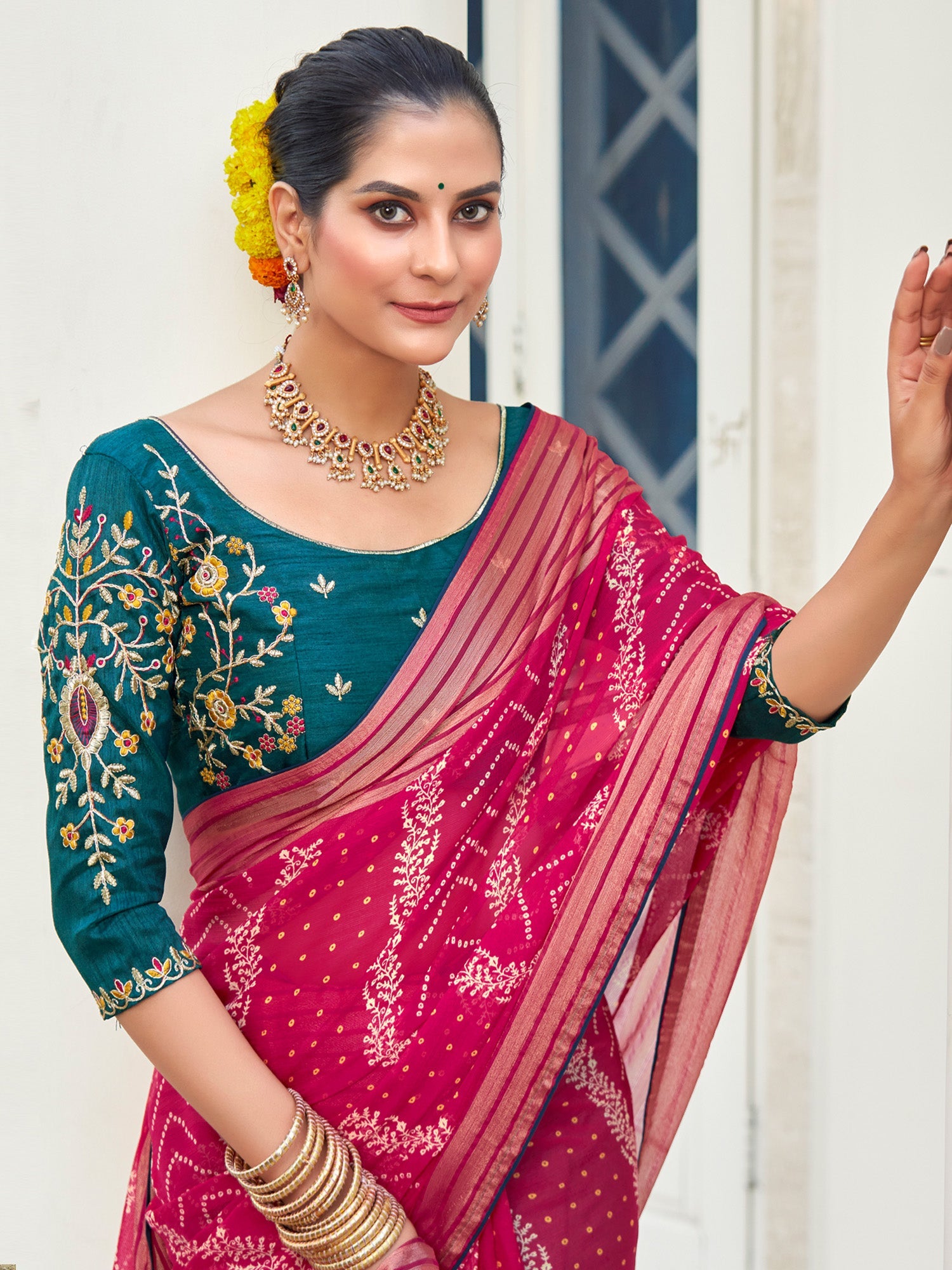 NOZ2TOZ Women's Chiffon Pink Embellished Designer Saree With Blouse Piece - Distacart