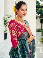 Thumbnail for NOZ2TOZ Women's Chiffon Teal blue Embellished Designer Saree With Blouse Piece - Distacart