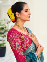 Thumbnail for NOZ2TOZ Women's Chiffon Teal blue Embellished Designer Saree With Blouse Piece - Distacart