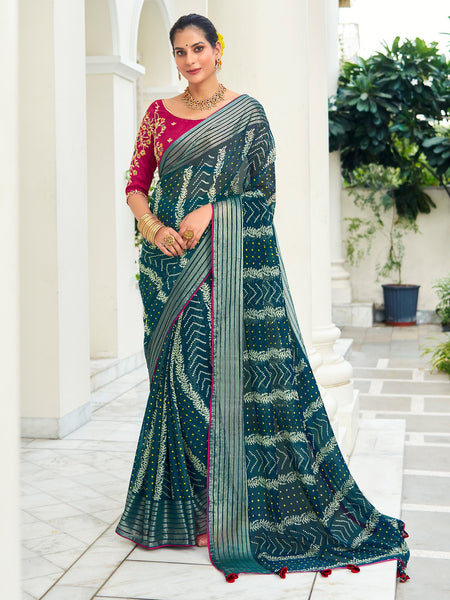 NOZ2TOZ Women's Chiffon Teal blue Embellished Designer Saree With Blouse Piece - Distacart