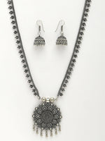 Thumbnail for NVR Women's Silver-Toned Floral Shape Oxidized Necklace with Jhumka Earrings - Distacart
