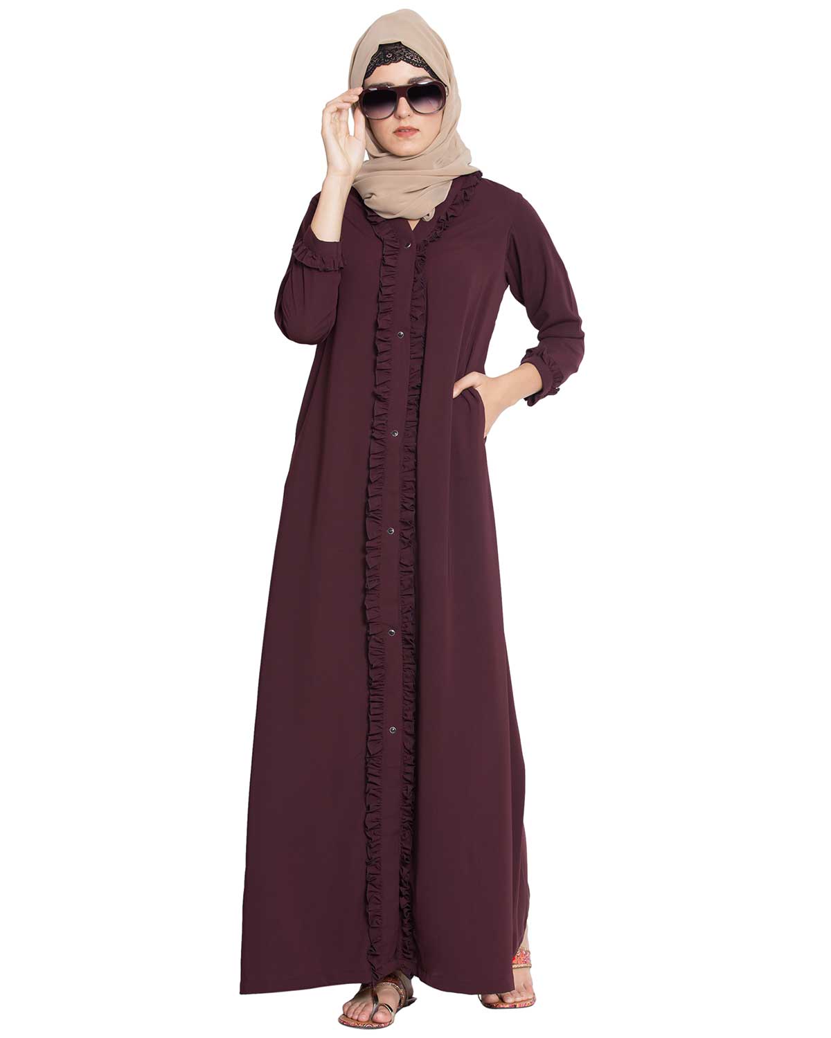 Bashariya Front Open Abaya With Ruffled Panels and Side Pockets - Maroon