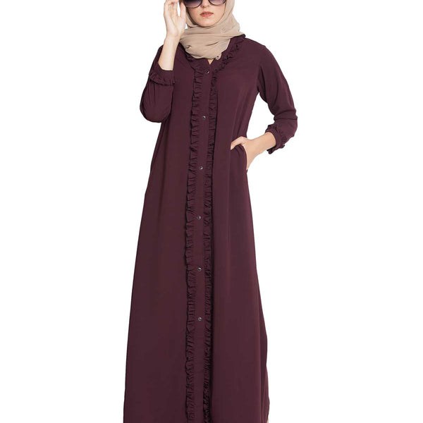Bashariya Front Open Abaya With Ruffled Panels and Side Pockets - Maroon