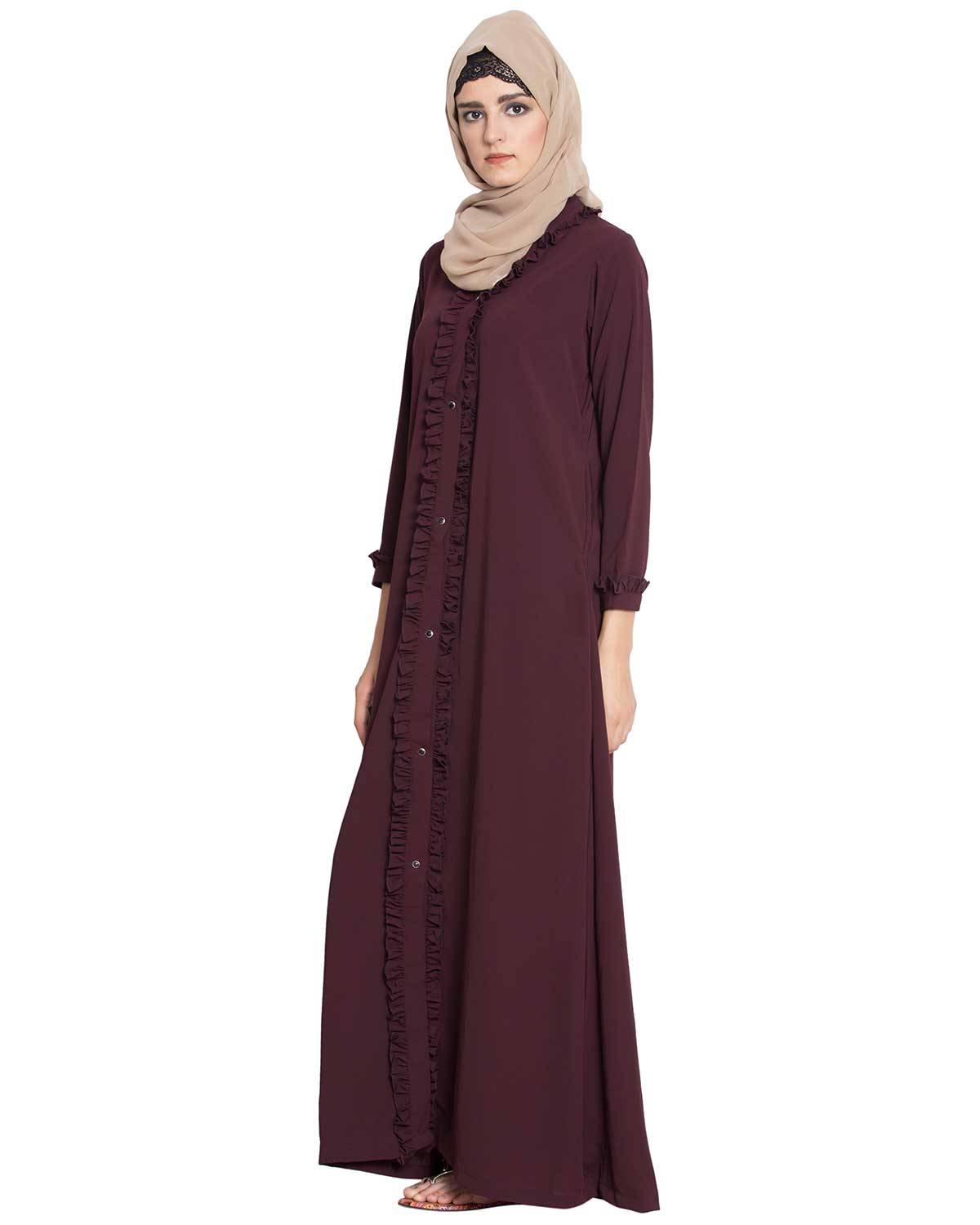 Bashariya Front Open Abaya With Ruffled Panels and Side Pockets - Maroon