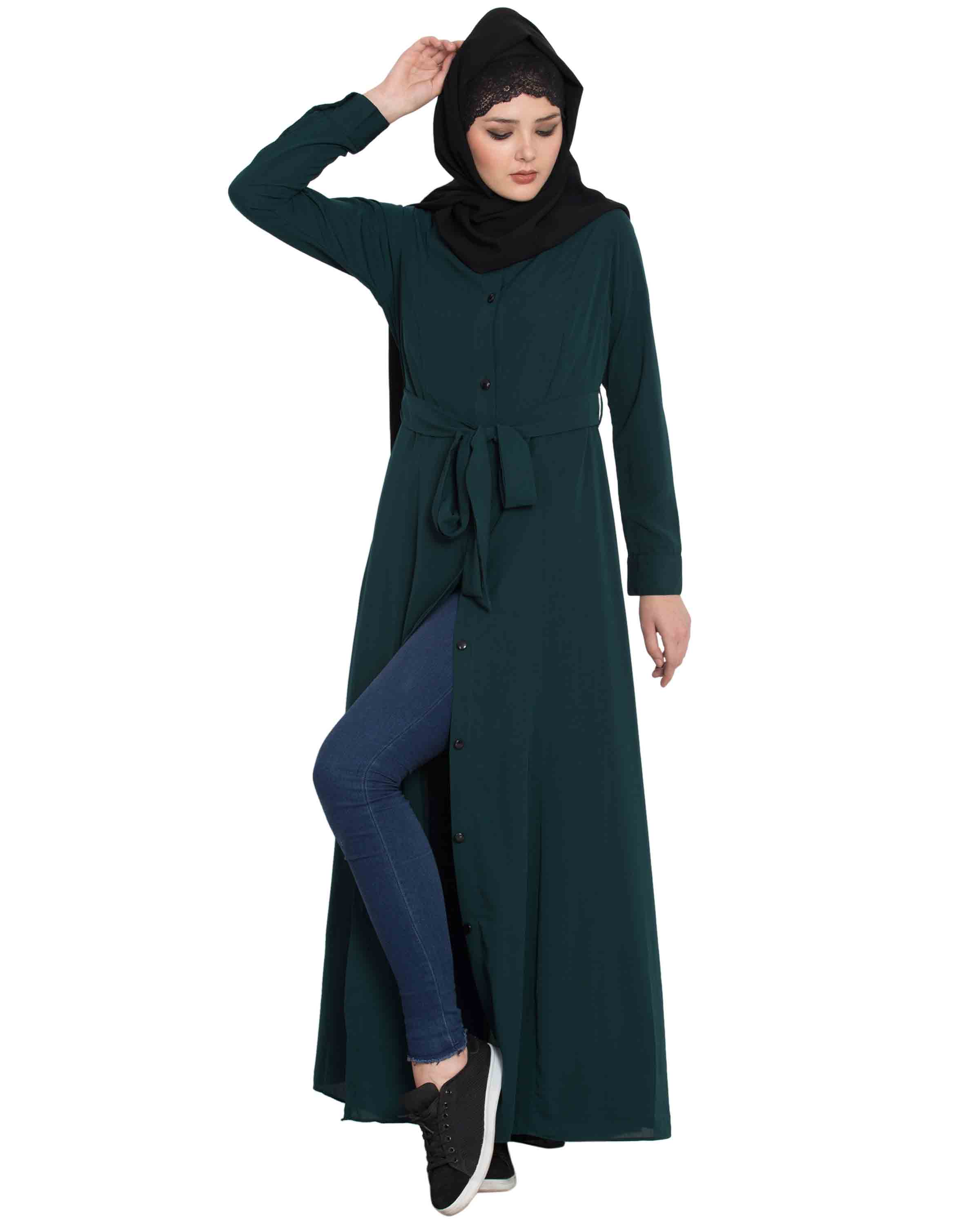 Bashariya Front Open Abaya In Firdaus Fabric With Fabric Belt and Side Pockets