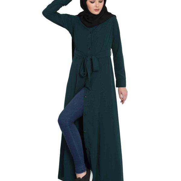 Bashariya Front Open Abaya In Firdaus Fabric With Fabric Belt and Side Pockets