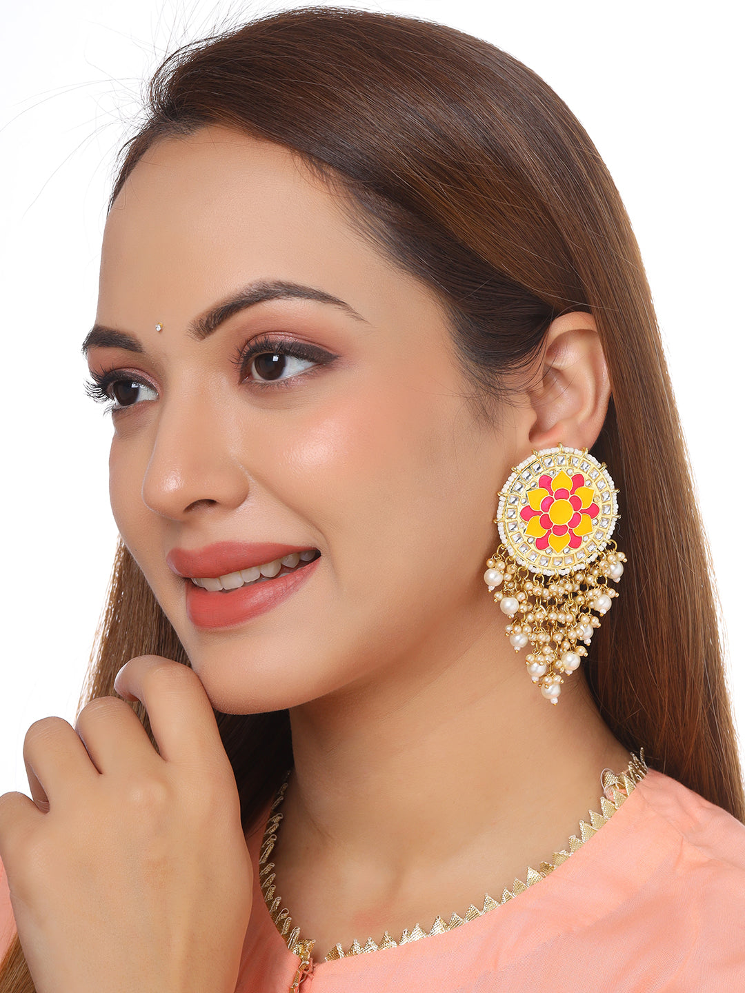 Flower Pattern Yellow and Pink Meenakari Drop Earrings for Womens by House of Ree - Distacart