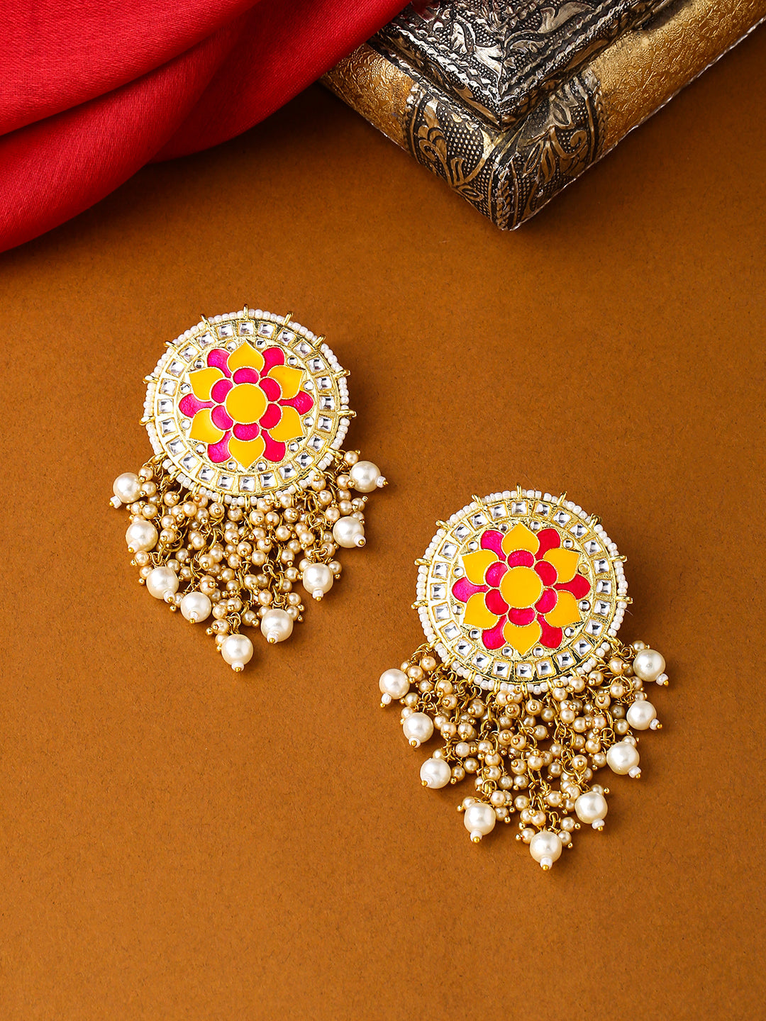 Flower Pattern Yellow and Pink Meenakari Drop Earrings for Womens by House of Ree - Distacart