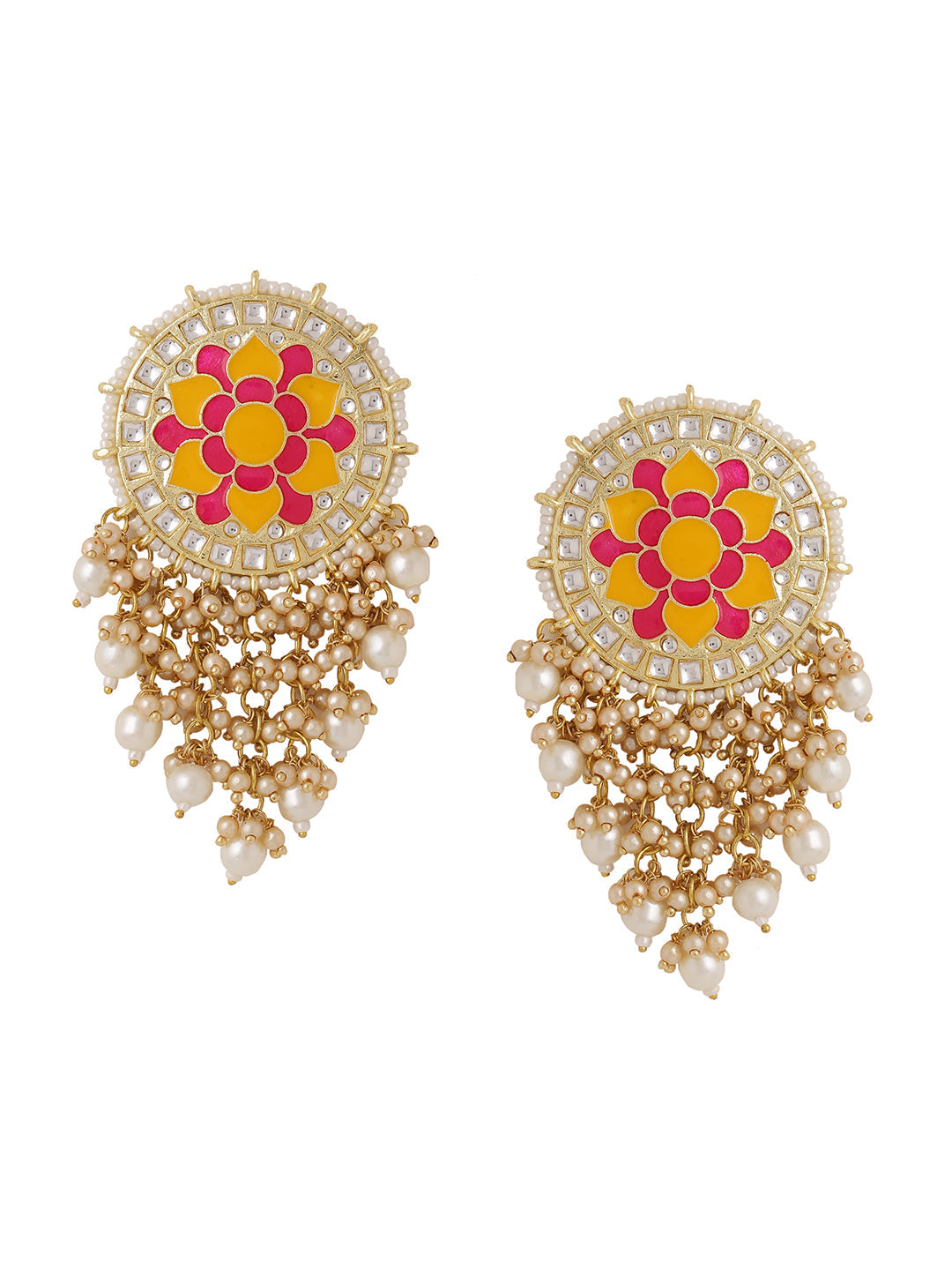 Flower Pattern Yellow and Pink Meenakari Drop Earrings for Womens by House of Ree - Distacart