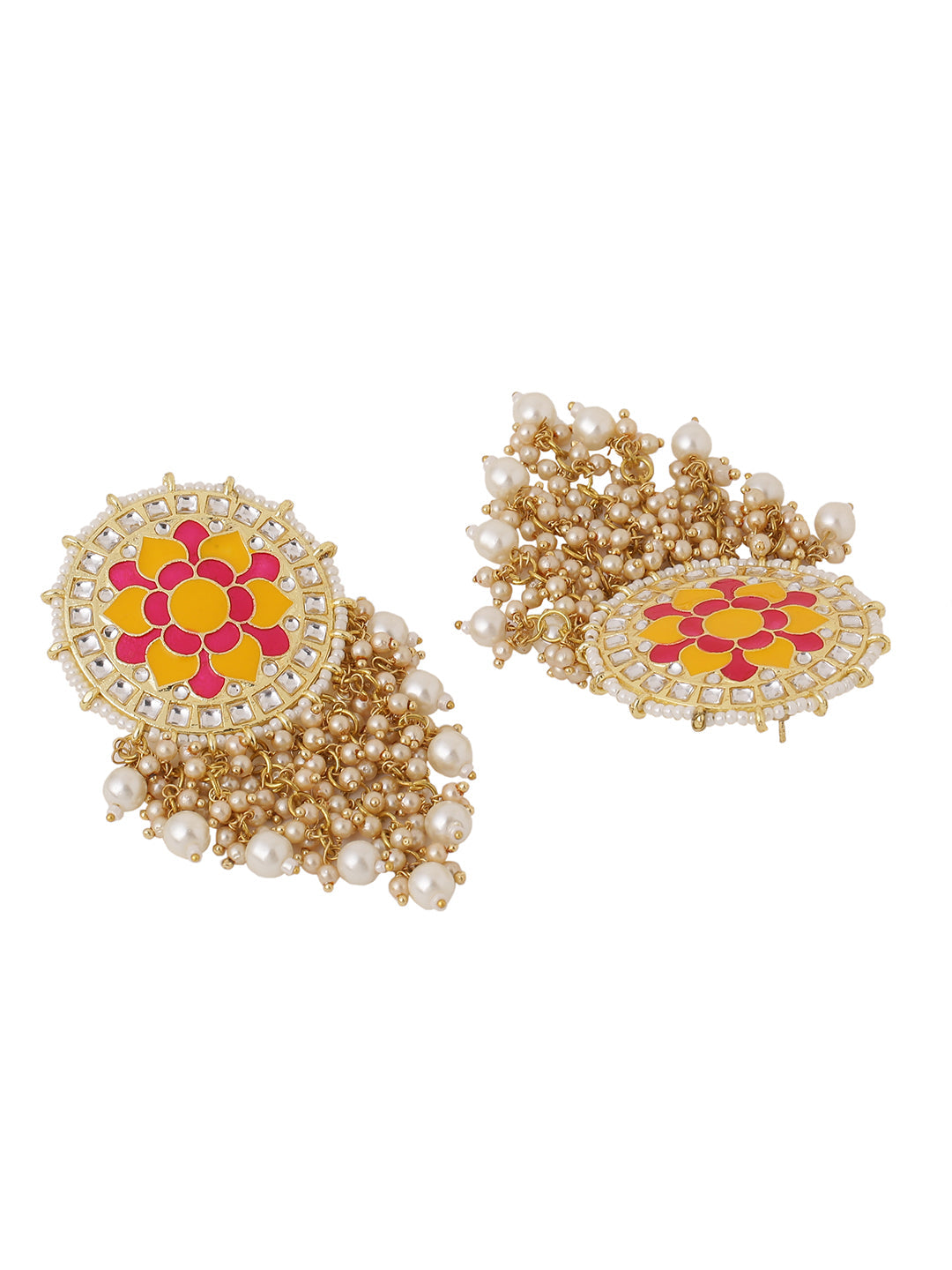 Flower Pattern Yellow and Pink Meenakari Drop Earrings for Womens by House of Ree - Distacart