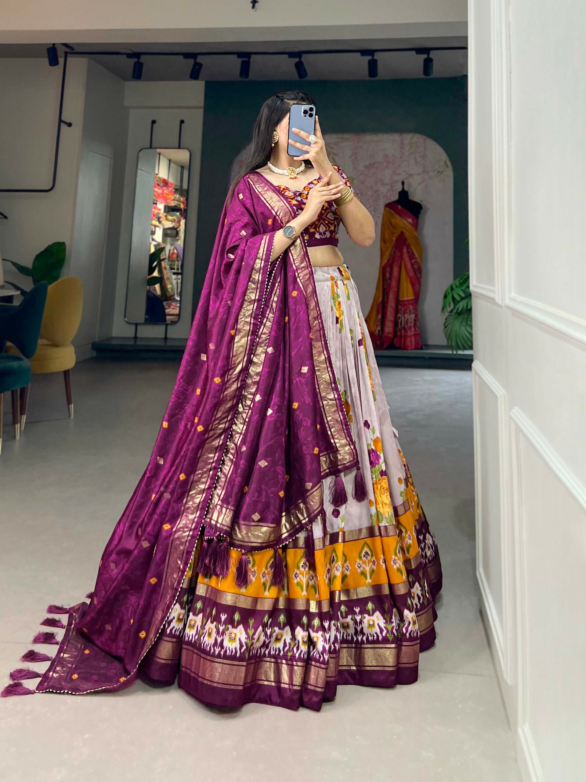 Vastranavya Floral And Patola Print With Foil Work Lehenga with Unstitched Blouse - Wine - Distacart
