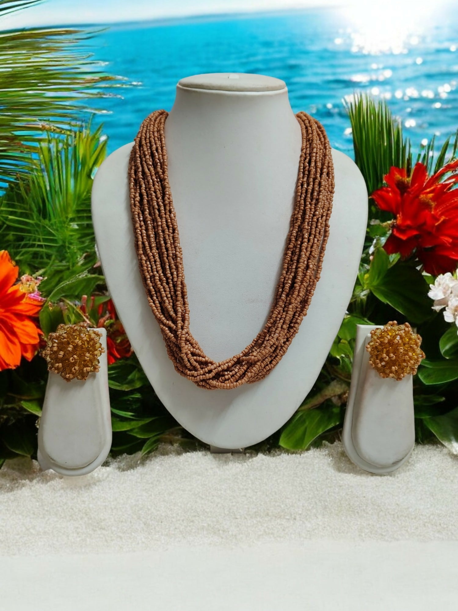 Inhanns Vibrant Handmade 20 Layers Beaded Necklace With Matching Earrings - Sandalwood - Distacart