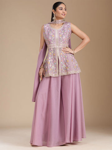 Teeya Creation Lavender Color Star Georgette Party Wear Designer Peplum Sharara Set - Dista