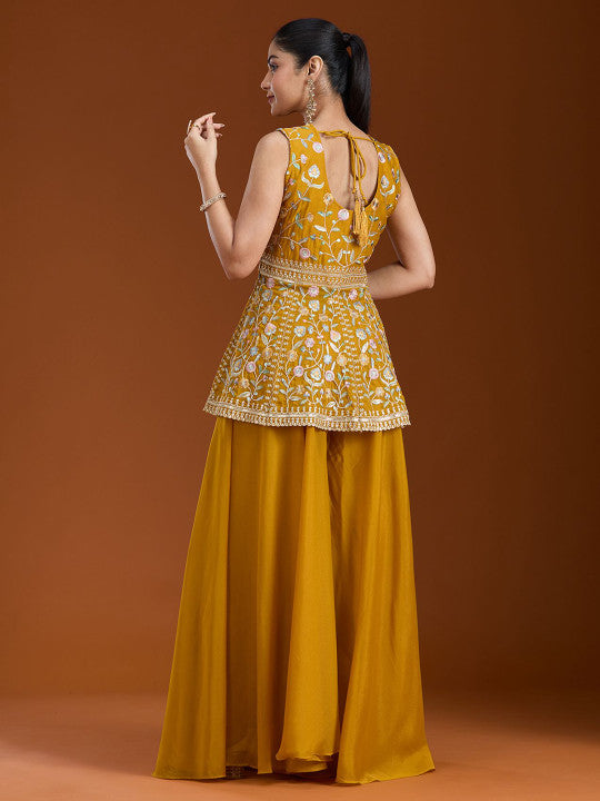 Teeya Creation Yellow Color Star Georgette Party Wear Designer Peplum Sharara Set - Dista