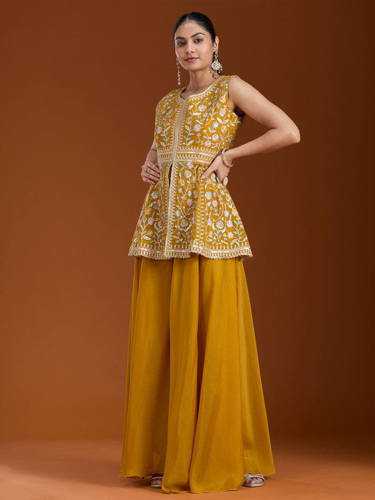 Teeya Creation Yellow Color Star Georgette Party Wear Designer Peplum Sharara Set - Dista