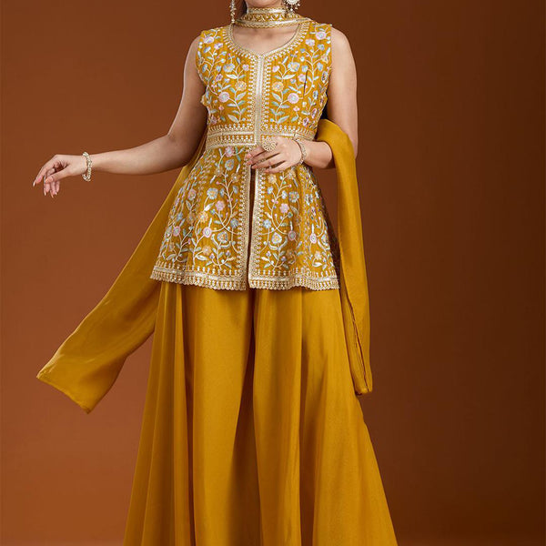 Teeya Creation Yellow Color Star Georgette Party Wear Designer Peplum Sharara Set - Dista
