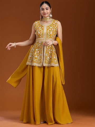 Teeya Creation Yellow Color Star Georgette Party Wear Designer Peplum Sharara Set - Dista