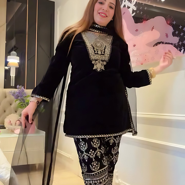 Lehenga Mart Styleylish Velvet Sequence Embroidery Work Suit Pant With Dupatta -Black