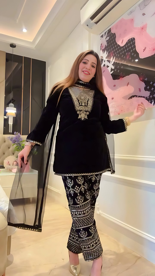 Lehenga Mart Styleylish Velvet Sequence Embroidery Work Suit Pant With Dupatta -Black