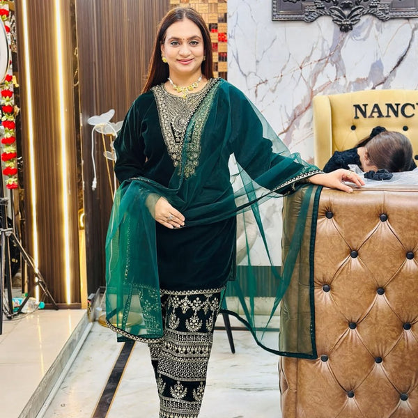 Lehenga Mart Styleylish Velvet Sequence Embroidery Work Suit Pant With Dupatta -Green - Distacart