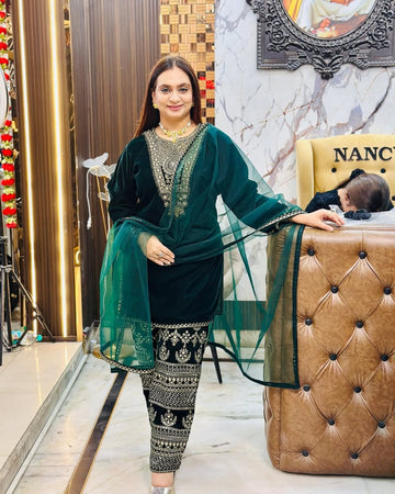 Lehenga Mart Styleylish Velvet Sequence Embroidery Work Suit Pant With Dupatta -Green - Distacart
