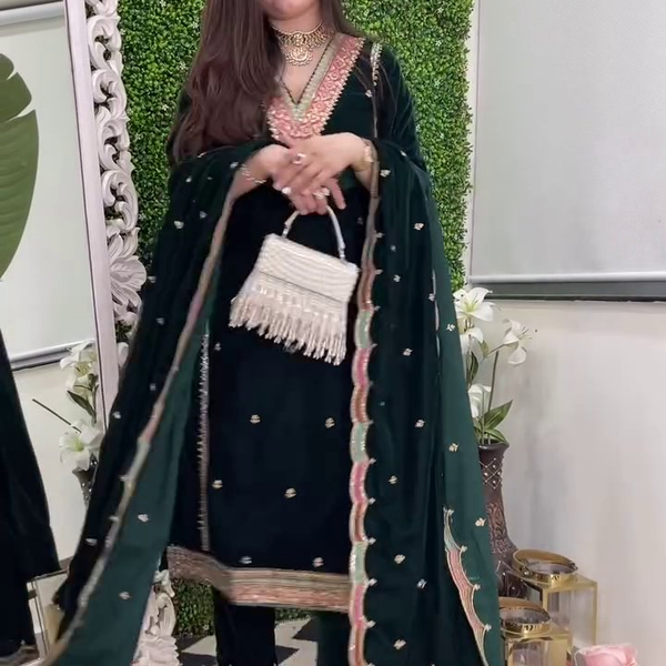 Lehenga Mart Designer Heavy Pure Viscose Velvet Top Pant & Dupatta Set-Green - Distacart