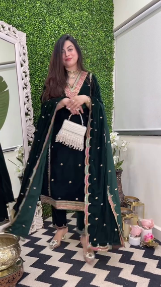 Lehenga Mart Designer Heavy Pure Viscose Velvet Top Pant & Dupatta Set-Green