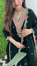 Thumbnail for Lehenga Mart Designer Heavy Pure Viscose Velvet Top Pant & Dupatta Set-Green