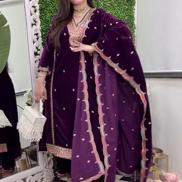 Lehenga Mart Designer Heavy Pure Viscose Velvet Top Pant & Dupatta Set-Purple - Distacart
