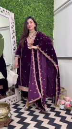 Thumbnail for Lehenga Mart Designer Heavy Pure Viscose Velvet Top Pant & Dupatta Set-Purple