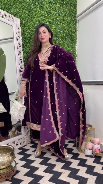 Lehenga Mart Designer Heavy Pure Viscose Velvet Top Pant & Dupatta Set-Purple