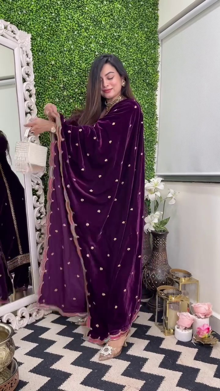 Lehenga Mart Designer Heavy Pure Viscose Velvet Top Pant & Dupatta Set-Purple