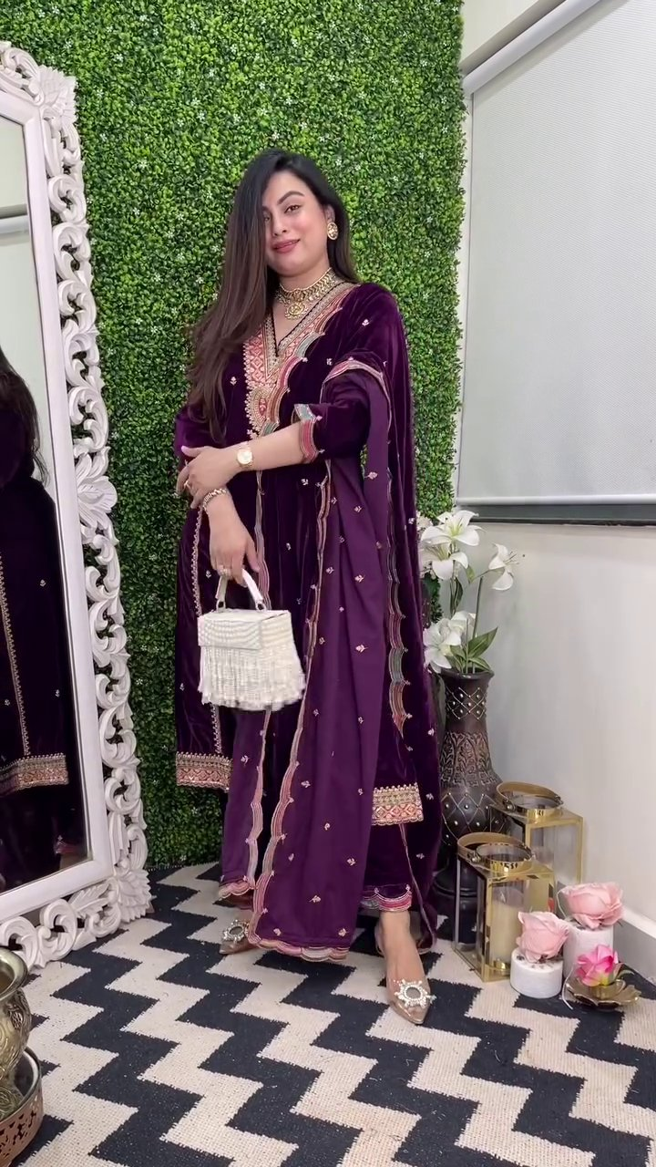 Lehenga Mart Designer Heavy Pure Viscose Velvet Top Pant & Dupatta Set-Purple