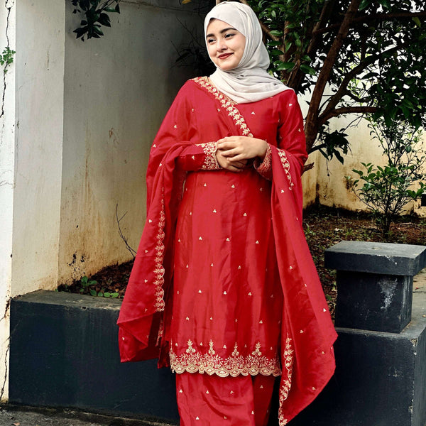 Lehenga Mart Sequence Embroidery Top And Palazzo With Dupatta Set-Red