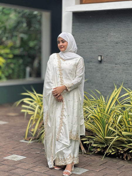 Lehenga Mart Sequence Embroidery Top And Palazzo With Dupatta Set-White