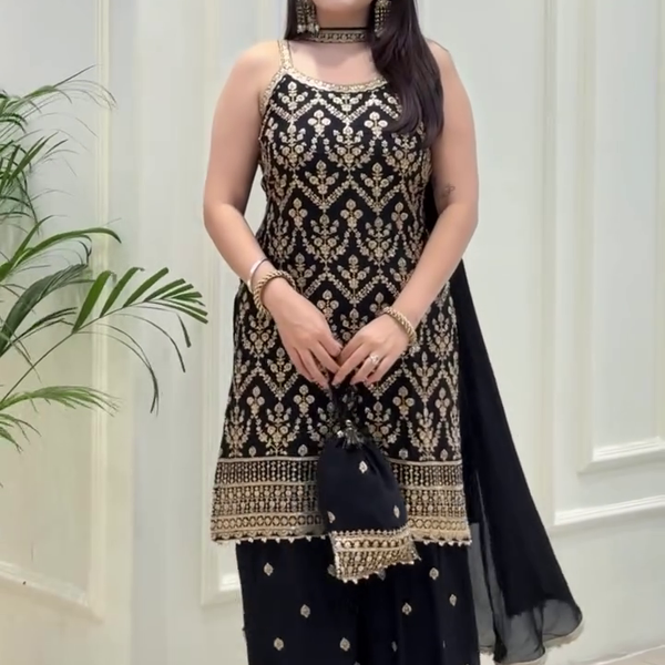 Lehenga Mart Designer Sequence Embroidery Top And Palazzo With Dupatta Set-Black - Distacart
