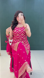 Thumbnail for Lehenga Mart Designer Sequence Embroidery Top And Palazzo With Dupatta Set-Pink