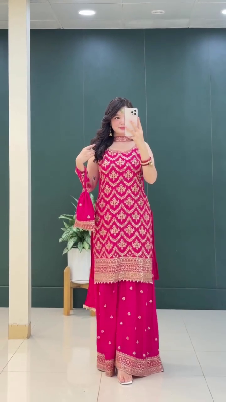 Lehenga Mart Designer Sequence Embroidery Top And Palazzo With Dupatta Set-Pink