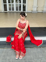 Thumbnail for Lehenga Mart Designer Sequence Embroidery Top And Palazzo With Dupatta Set-Red