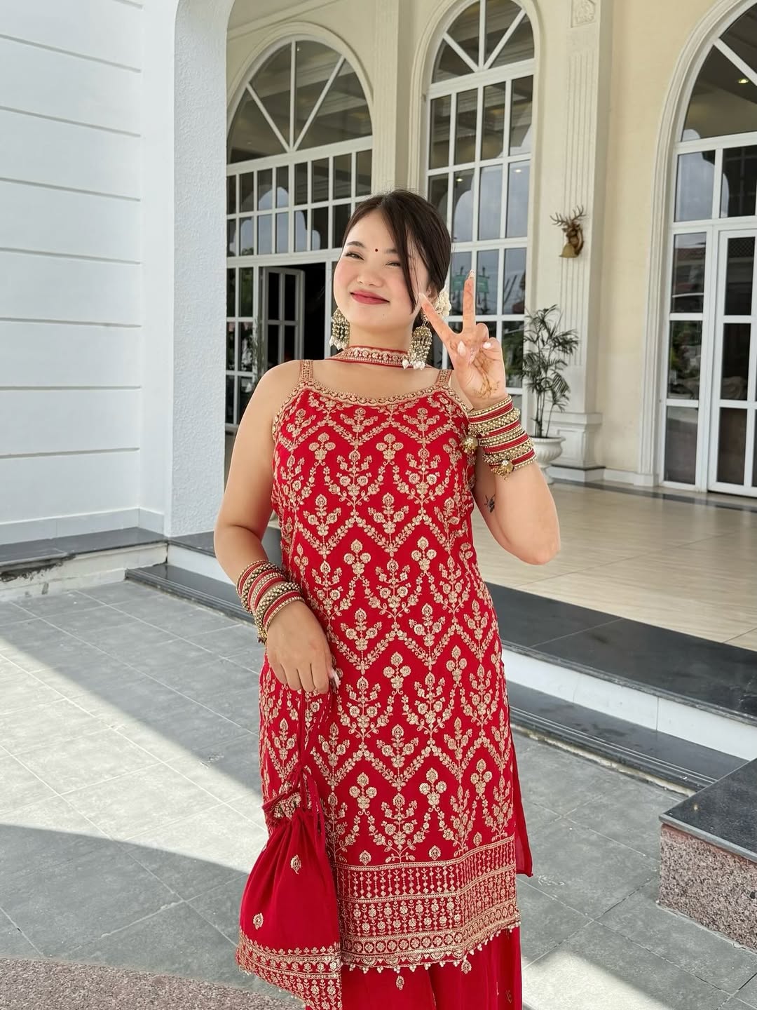 Lehenga Mart Designer Sequence Embroidery Top And Palazzo With Dupatta Set-Red