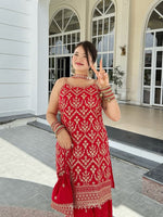 Thumbnail for Lehenga Mart Designer Sequence Embroidery Top And Palazzo With Dupatta Set-Red