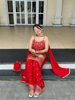 Thumbnail for Lehenga Mart Designer Sequence Embroidery Top And Palazzo With Dupatta Set-Red