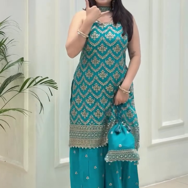 Lehenga Mart Designer Sequence Embroidery Top And Palazzo With Dupatta Set-Sky Blue