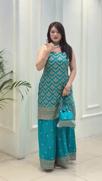 Lehenga Mart Designer Sequence Embroidery Top And Palazzo With Dupatta Set-Sky Blue