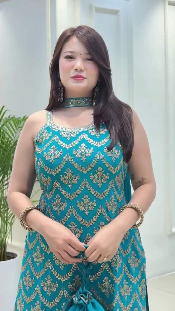 Lehenga Mart Designer Sequence Embroidery Top And Palazzo With Dupatta Set-Sky Blue